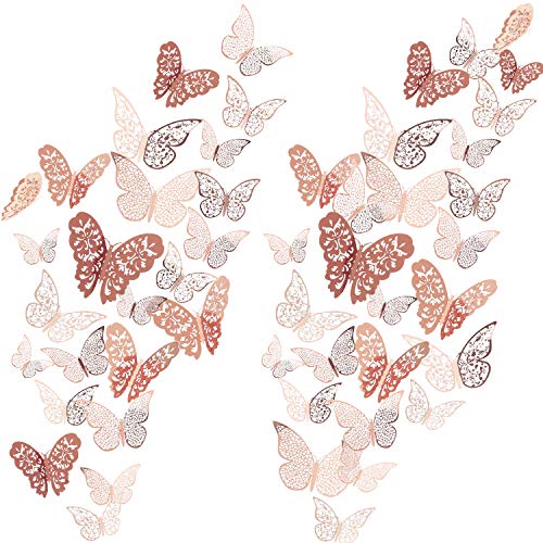 Product Cover 72 Pieces 3D Butterfly Wall Decals Sticker Wall Decal Decor Art Decorations Sticker Set 3 Sizes for Room Home Nursery Classroom Offices Kids Girl Boy Bedroom Bathroom Living Room Decor (Rose Gold)