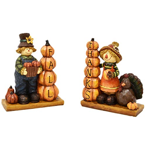 Product Cover Thanksgiving Decorations Set of 2 Boy and Girl Scarecrow Figurines Table Toppers Harvest Autumn Resin Centerpiece Fall Thanks Turkey Pumpkin Figure for Fireplace Mantle Home Party Decor Accessories