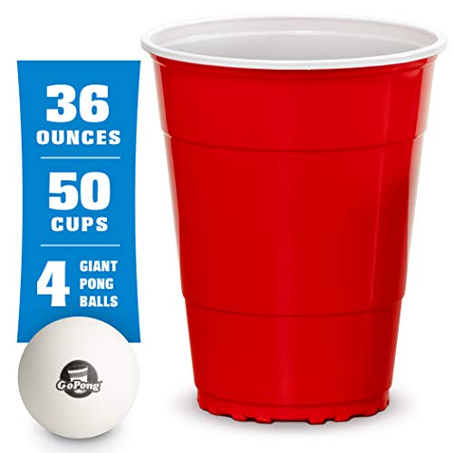 Product Cover GoBig 36oz Giant Red Party Cups 50 Pack | Holds Twice as Much as Standard Party Cups | Includes 4 XL Pong Balls