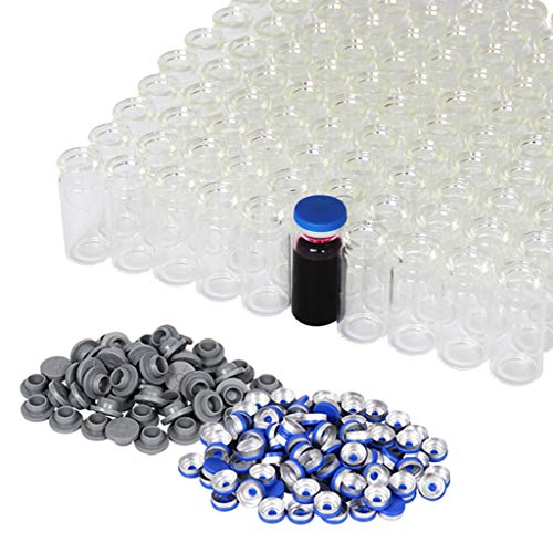 Product Cover 10ml Vials-Transparent Glass Headspace Vials with Plastic-Aluminum Flip Off Caps and Rubber Stoppers, 100 Pack, 20mm Flat Bottom Lab Vial (Transparent)