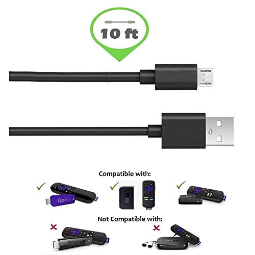 Product Cover Long 10FT USB Power Cable Wire Cord for Roku Express, Roku Streaming Stick, Roku Premier, FireTV (Cable only, AC Adapter not Included/Not Compatible with Roku Streaming Stick+ & Ultra)