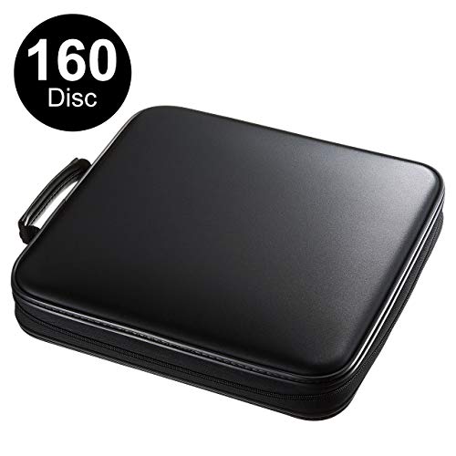 Product Cover SANWA (Japan Brand) 160 Large Capacity CD Case, Portable DVD/VCD Storage, EVA Protective Blu-ray Wallet, Binder, Holder, Booklet with Attached Handle for Car, Home, Office, Travel (Black)