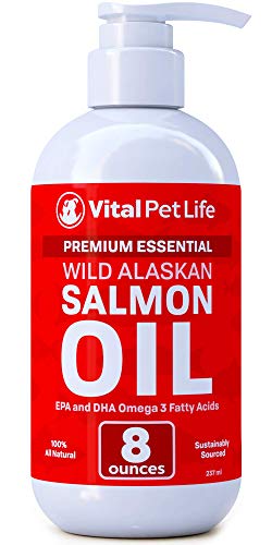 Product Cover Salmon Oil for Dogs, Cats, and Horses, Fish Oil Omega 3 Food Supplement for Pets, Wild Alaskan 100% All Natural, Helps Dry Skin, Allergies, and Joints, Promotes Healthy Coat, Helps Inflammation, 8 oz