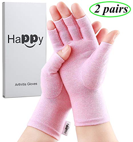 Product Cover 2 Pairs Compression Arthritis Gloves, Fingerless Gloves for Women Rheumatoid & Osteoarthritis - Joint Pain and Carpel Tunnel Relief Hand Gloves for Men (Pink, Large-2 Pairs)