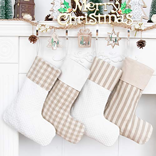 Product Cover LUBOTS Set of 4 Christmas Stocking(20inch) Plaid/Rustic/Farmhouse/Country Fireplace Hanging Handmade Xmas Stockings Decorations for Family Holiday Season Decor Fresh Human1#+2#+3#+4#