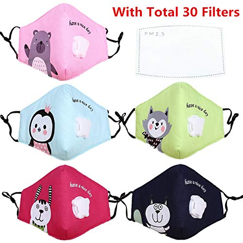 Product Cover Anti Pollution Mask for Kids Comfort Cotton Kid's Dustproof Mouth Mask with Activated Carbon Filters PM2.5 Air Filter Mask, 5Pack (Contains Total of 30 Filters)
