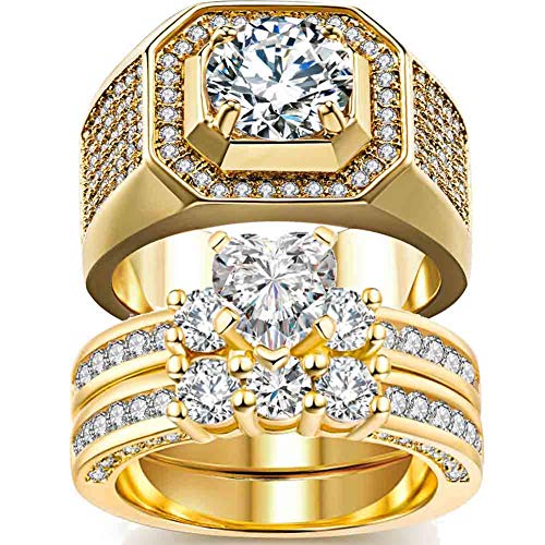 Product Cover 2 Rings His and Hers Couple Rings Bridal Sets Yellow Gold Filled Heart Cz Womens Wedding Ring Sets Man Wedding Bands