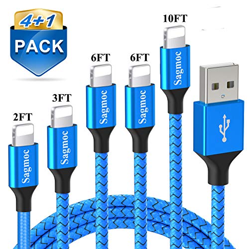 Product Cover Phone Charger Cable Blue with Highspeed - Sagmoc USB Cord Nylon Braided 【4+1Pack】 10FT 2x6FT 3FT 2FT Compatible for XS/XS MAX/XR/X/8/8Plus/7/7Plus/6/6Plus/6s/6sPlus/5/5s/AIR/PRO and More