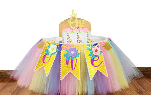 Product Cover E&L 1st Birthday Girl 3 in 1 High Chair Decorations Set, Unicorn Themed High Chair Tutu, & One Flower Themed Pennant & One Cake Topper, Birthday Party Supplies, One Unicorn Themed Party Decorations