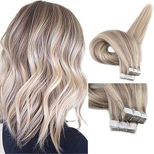 Product Cover Fshine Tape in Extensions Straight Hair 20 inch Tape Extensions Remy Human Hair Highlighted Color #18 and #22 Blonde Highlighted Straight Remy Tape in Extensions 20Pcs 50 Gram Per Package
