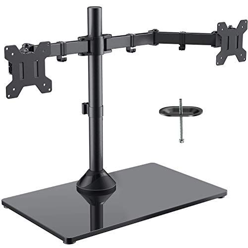 Product Cover Freestanding Dual Monitor Stand - Adjustable Monitor Mount with Glass Base, Fits 2 Screens up to 27 Inch, Holds up to 22lbs per Arm