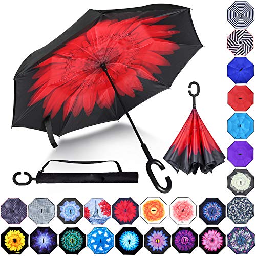 Product Cover Double Layer Inverted Umbrellas Reverse Folding Umbrella Windproof UV Protection Big Straight Umbrella Inside Out Upside Down for Car Rain Outdoor With C-Shaped Handle