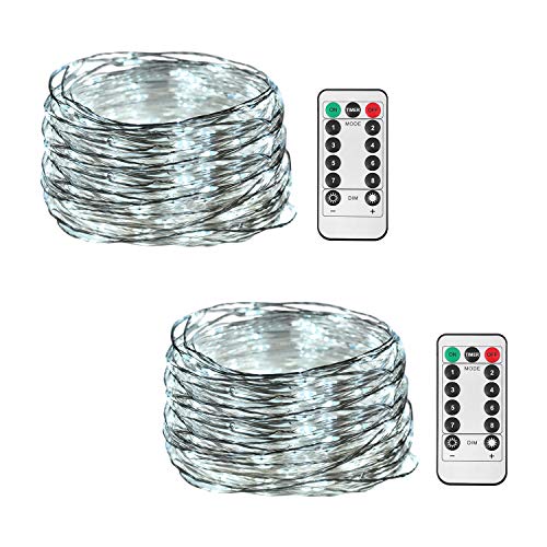 Product Cover HONGM 2 Pack 100 LED 32.8ft 8 Modes Remote Control Battery Operated Waterproof Dimmable Fairy String Copper Wire Lights for Wedding, Bedroom, Patio, Party, Christmas, (White 2 Pack)