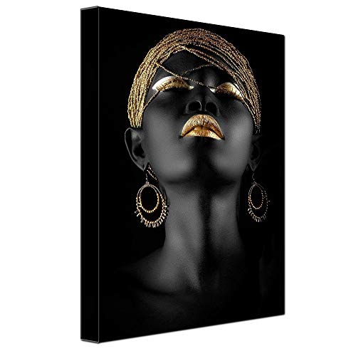 Product Cover Abstract Poster Printed Golden Fashion Black Woman Portrait Artwork Canvas Print Living Room Wall Decor Frame to Hang 12x16inch
