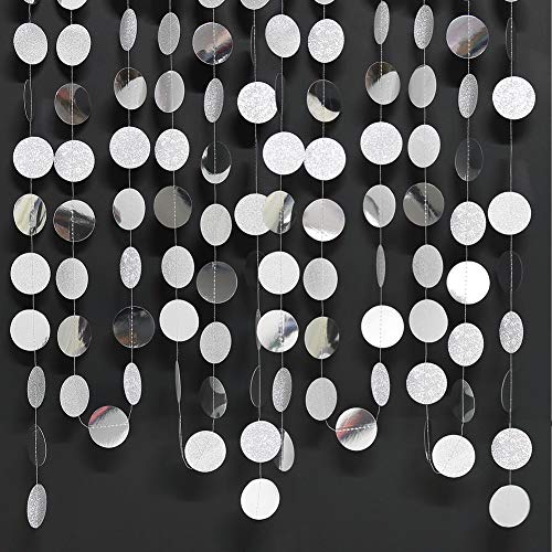Product Cover Glitter Silver Circle Dots Garland Paper Hanging Polk Dot Streamer Party Decoration Bunting Banner Backdrop for Birthday/Wedding/Baby Shower/Engagement/Bridal Shower Party Supplies
