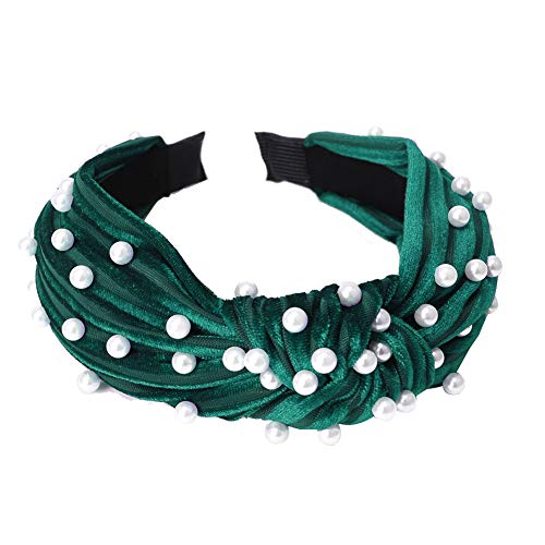 Product Cover lightclub Colorful Candy Color Summer Wide Band Velvet, Sweet Women Faux Pearl Beading Twist Knotted Hair Hoop Velvet Headband Headwear Blackish Green