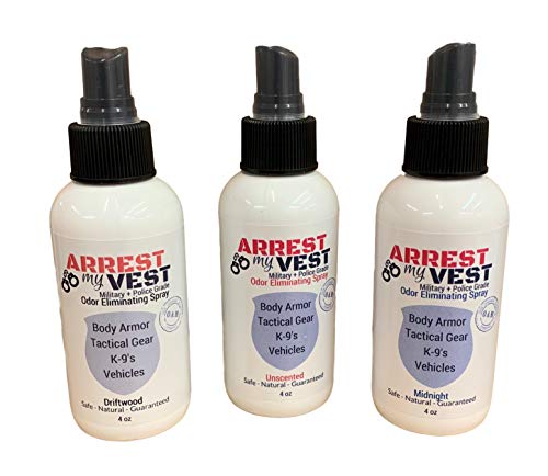 Product Cover Arrest My Vest Military and Police Grade Odor Eliminating Spray for Body Armor Odor, Tactical Gear. Safe on K9's. Triple Pack of Assorted Fragrances 1 Unscented, 1 Midnight and 1 Driftwood Bottles