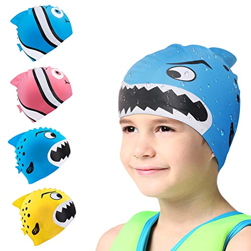 Product Cover Swim Cap Kids-2 Pack Silicone Fun Swim Caps for Girls and Boys, Kids Swimming Hats with Cartoon Sharks & Minnows Design