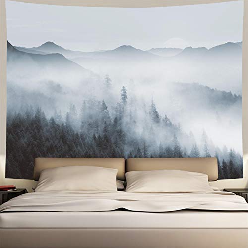 Product Cover Heopapin Misty Forest Tapestry Forest Trees with Mountain Tapestry Black and White Fantastic Fog Magical Tapestry 3D Vision Nature Landscape Tapestry for Bedroom Living Room Dorm (W59.1 × H51.2)