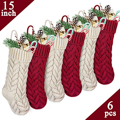 Product Cover LimBridge Christmas Stockings, 6 Pack 15 inches Cable Knit Knitted Xmas Rustic Personalized Stocking Decorations for Family Holiday Season Decor, Cream Burgundy