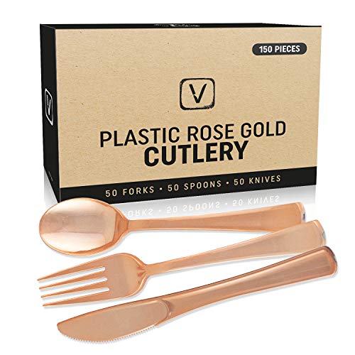 Product Cover 150 pcs Sturdy Rose Gold Silverware Set| Rose Gold Plastic Silverware for Black Tie Events, Wedding Receptions & Parties| Rose Gold Forks, Knives & Spoons| Disposable Rose Gold Cutlery With No Cleanup