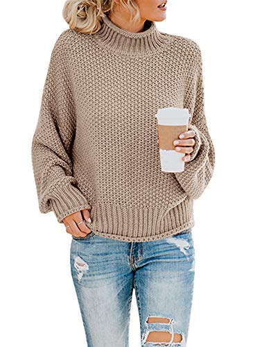Product Cover Saodimallsu Womens Turtleneck Oversized Sweaters Batwing Long Sleeve Pullover Loose Chunky Knit Jumper Khaki