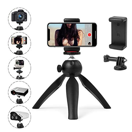 Product Cover Polarduck Mini Tripod, Mini Phone Tripod Stand, Mini Tripod for iPhone/Compact DLSR/Samsung/Android Cellphone/Webcam/Projector with Universal Phone Mount & GoPro Mount, Fully Adjustable Angle Rotation