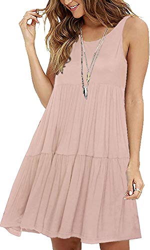 Product Cover ABirdon Women's Sleeveless Scoop Neck Loose Plain Dresses Pleated Summer Casual T Shirt Dress Without Packet Knee Length Khaki