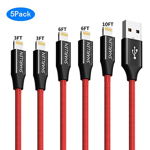 Product Cover iPhone Cable,Sharllen 3FT/6FT/10FT Nylon Braided iPhone Lightning Cable MFi Certified Charging&Syncing USB iPhone Charger Cord Compatible iPhone XS/Max/XR/X/8/8Plus/7/7P/6S/6S P/SE/iPad 5 Pack (Red)