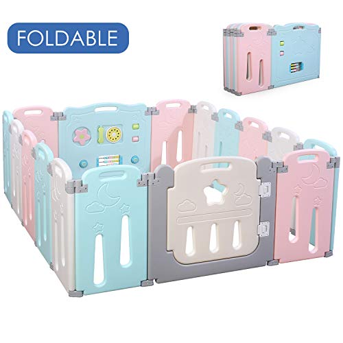 Product Cover POTBY Foldable Baby Playpen 16 Panel Activity Center Safety Playard with Lock Door,Kid's Fence Indoor Outdoor,Free Installation,Double Layer Clasp and Anti-Slip Base for Children 10 months~6 Years Old