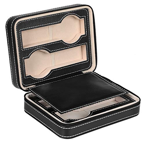 Product Cover SONGMICS Portable Watch Box with 4 Compartments, Travel Watch Case, Synthetic Leather Watch Case with Zipper, 7 inches x 5.4 inches x 2.3 inches, Ideal Gift, Black UJWB51BK