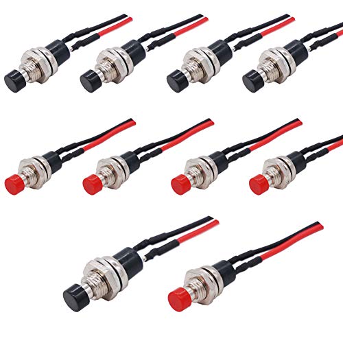 Product Cover Twidec/10Pcs 1A 250V AC 2 Pins SPST Black + Red Normal Open Mini Momentary Push Button Switch with Pre-soldered Wires PBS-110-XBKR