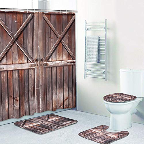 Product Cover 4 Piece Rustic Shower Curtain Sets with Non-Slip Rugs, Toilet Lid Cover and Bath Mat, Farmhouse Wooden Shower Curtain Country Barn Door Shower Curtain with 12 Hooks, Waterproof Shower Curtain