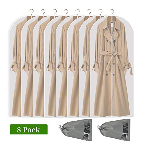 Product Cover Perber Hanging Garment Bag Lightweight Clear Full Zipper Suit Bags (Set of 8) PEVA Moth-Proof Breathable Dust Cover for Closet Clothes Storage -White 24''x60''/8 Pack
