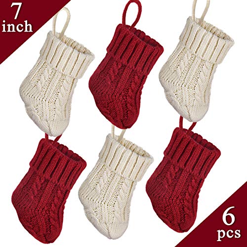 Product Cover LimBrige Christmas Mini Stockings, 6 Pack 7 inches Cable Knit Knitted Rustic Stocking Decorations, Goodie Bags for Family Friends, Cream Burgundy