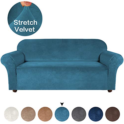 Product Cover Turquoize Velvet Sofa Slipcovers Spandex Plush Furnitue Cover Deluxe Lounge Cover, Stretch Sofa Protector for Dogs High Stretch Furniture Protector Cover for Sofa (Sofa, Peacock Blue)