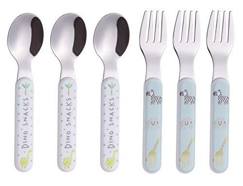 Product Cover Exzact Kids Silverware 6 Pieces Stainless Steel Children's Flatware Set 3 x Forks, 3 x Dinner Spoons Plastic Handle, Toddler Utensils Without Knives, for Babies, Infants BPA Free (Cute Animals)