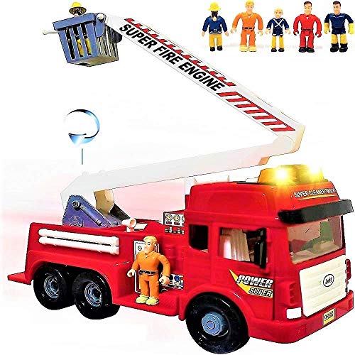 Product Cover FUNERICA Toy Fire Truck with Lights and Sounds - 4 Sirens - Big Folding Ladder - Powerful Friction Wheels - Large Red Play Fire Engine Firetruck for Kids Toddlers Boys & Girls - Bonus: 5 Toy Figures