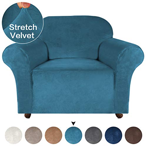 Product Cover Turquoize Velvet Sofa Slipcover Chair Slipcover Velvet Plush Furniture Protector with Elastic Bottom Sofa Covers for Living Room Spandex Chair Slip Cover for Leather Couch (Peacock Blue, Chair)