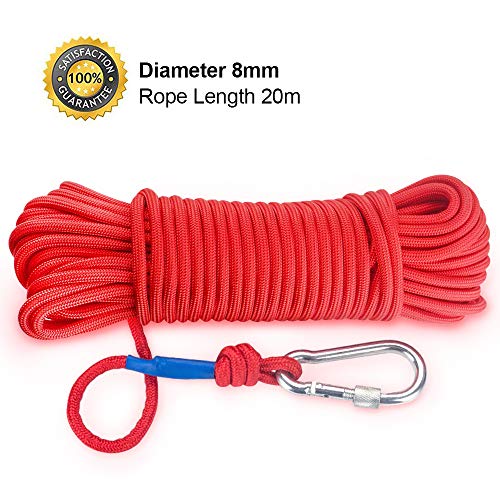 Product Cover BRYUBR Rock Climbing Rope, Magnet Fishing Rope with Carabiner, 6mm/8mmx20M(65ft) Nylon Rope Safe and Durable, All Purpose High Strength Braid Rope fit for Indoor/Outdoor Sports