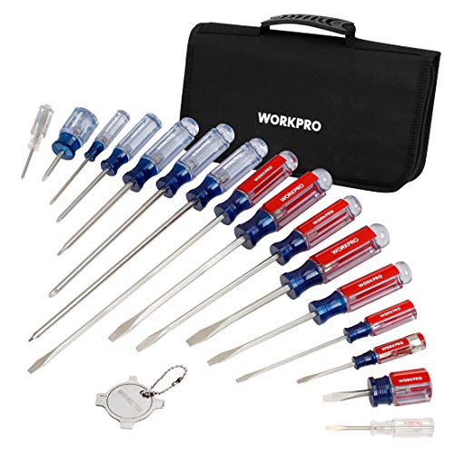 Product Cover WORKPRO 17-Piece Screwdriver Set, Professional Slotted/Phillips Screw Driver with Mini Screwdriver Keychain, Color-Coded Acetate Hard Grip Handle, Storage Pouch Included