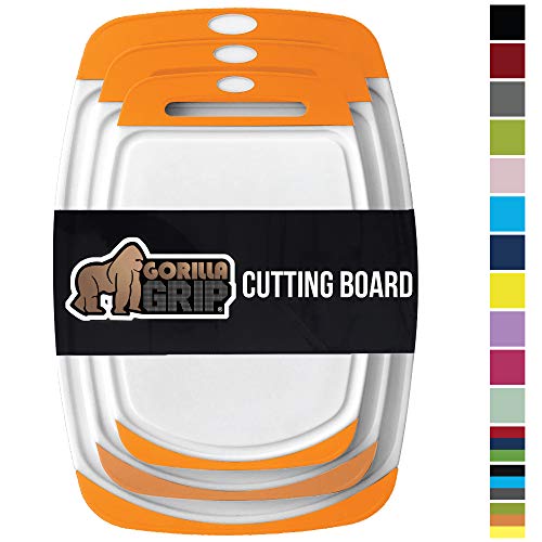 Product Cover Gorilla Grip Original Oversized Cutting Board, 3 Piece, BPA Free, Juice Grooves, Larger Thicker Boards, Easy Grip Handle, Dishwasher Safe, Non Porous, X Large, Kitchen, Set of 3, Orange White