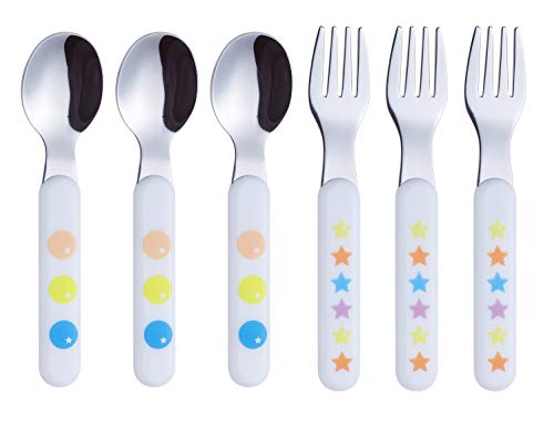 Product Cover Exzact Kids Silverware 6 Pieces Stainless Steel Children's Flatware Set 3 x Forks, 3 x Dinner Spoons Plastic Handle, Toddler Utensils Without Knives, for Babies, Infants BPA Free (Dots Stars)