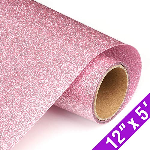 Product Cover Glitter Heat Transfer Vinyl HTV Rolls 12inx5ft, Iron on HTV Vinyl Compatible with Silhouette Cameo & Cricut by TransWonder(Pink)