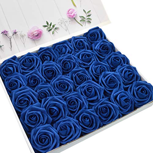 Product Cover DerBlue 60pcs Artificial Roses Flowers Real Looking Fake Roses Artificial Foam Roses Decoration DIY for Wedding Bouquets Centerpieces,Arrangements Party Baby Shower Home Decorations (Navy Blue)