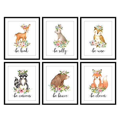 Product Cover Bestbuddy Pet Set of 6 (8X10) Unframed Woodland Animals Deer Bunny Owl Raccoon Bear Fox with Flowers Crown Nursery Quotes Art Prints Set Kids Baby Girl Room Wall Decor BBPAP004d