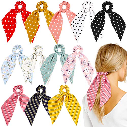 Product Cover WATINC 12 Pcs Bowknot Hair Scrunchies Chiffon Floral Scrunchie Scarf Hair Ties 2 in 1 Vintage Ponytail Holder with Bows Flower Stripe Hair Scrunchy Accessories Ropes for Women