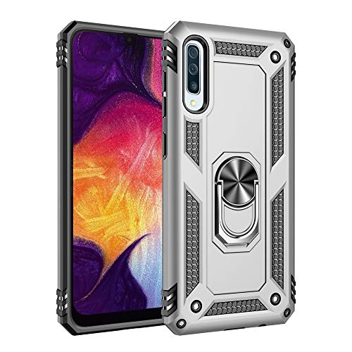 Product Cover Military Grade Drop Impact for Samsung Galaxy A50 Case 360 Metal Rotating Ring Kickstand Holder Magnetic Car Mount Armor Heavy Duty Shockproof Cover for Galaxy A50 Phone Protection Ca (Sliver)