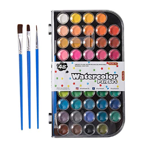 Product Cover 48 Colors Watercolor Paint, Shuttle Art Watercolor Pan Set with 3 Paint Brushes Perfect for Kids Beginners Adults Watercolor Painting