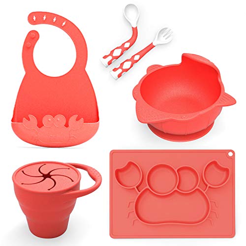 Product Cover Baby Feeding Set,Including Bowl with Suction, Dish, Bendable Fork and Spoon, Adjustable Baby bib, and Snack Cups. Harmless, Silicone, Easy to Clean Again, Perfect Infant Baby Shower Gift - Red